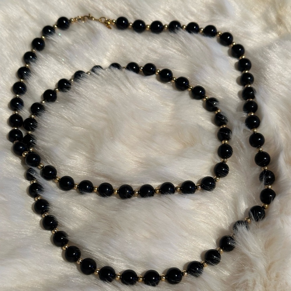 Designer Signed 90's Monet Black Bead Necklace Single Strand Gold Tone Vintage